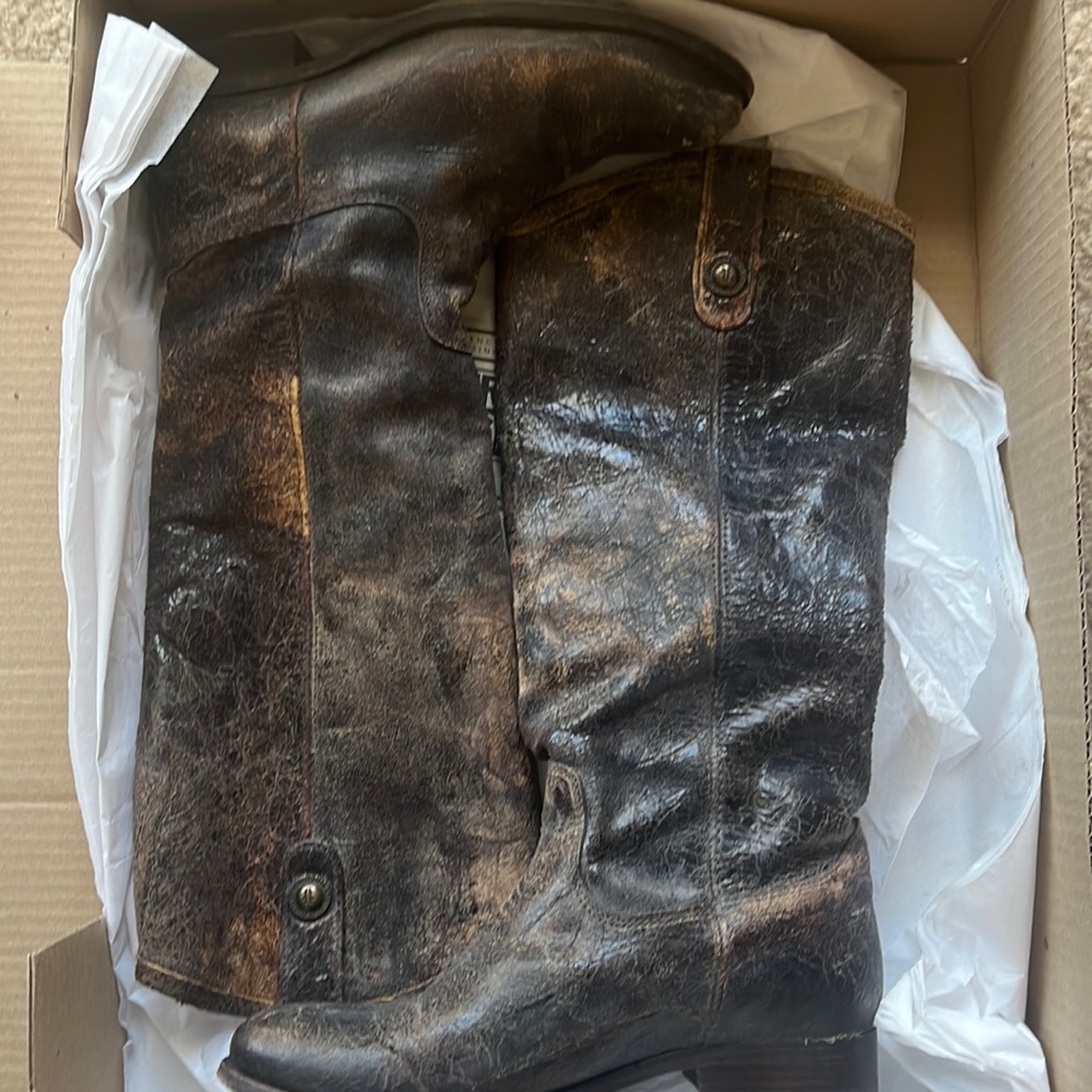 Authentic FRYE boots; Melissa Button style destress